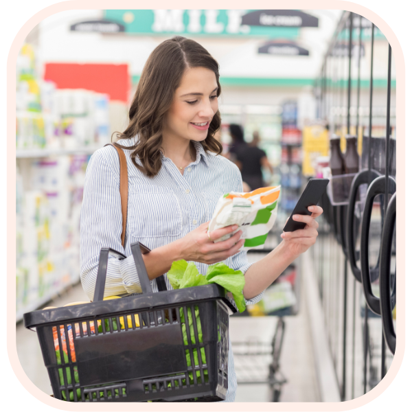 Woman shopping for food options, healthy food