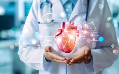 Doctor with a glowing 3D heart hologram, symbolizing advanced medical technology and patient care. AI